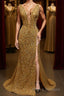 V Neck Mermaid Golden Sequins Long Formal Prom Dresses with High Slit, Mermaid Golden Formal Dresses, Gold Sequins Evening Dresses
