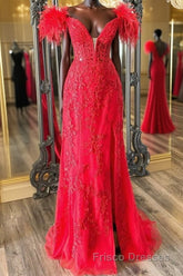V Neck Mermaid Off Shoulder Red Lace Long Formal Prom Dresses, Mermaid Red Formal Dresses, Red Lace Evening Dresses