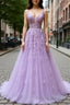 V Neck Off Shoulder Long Lilac Lace Formal Prom Dresses, Off Shoulder Purple Lace Formal Graduation Evening Dresses