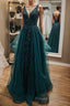 V Neck Open Back Dark Green Lace Beaded Long Formal Prom Dresses, Dark Green Lace Formal Dresses, Dark Green Evening Dresses