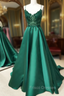 V Neck Open Back Green Lace Long Formal Prom Dress, V Neck Backless Green Lace Long Formal Graduation Evening Dress