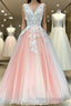 V Neck Pink Lace Appliques Long Sweet 16 Formal Prom Dresses, Pink Lace Formal Dresses, Pink Evening Dresses