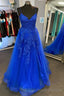 V Neck Royal Blue Lace Prom Dresses, V Neck Royal Blue Lace Formal Evening Dresses