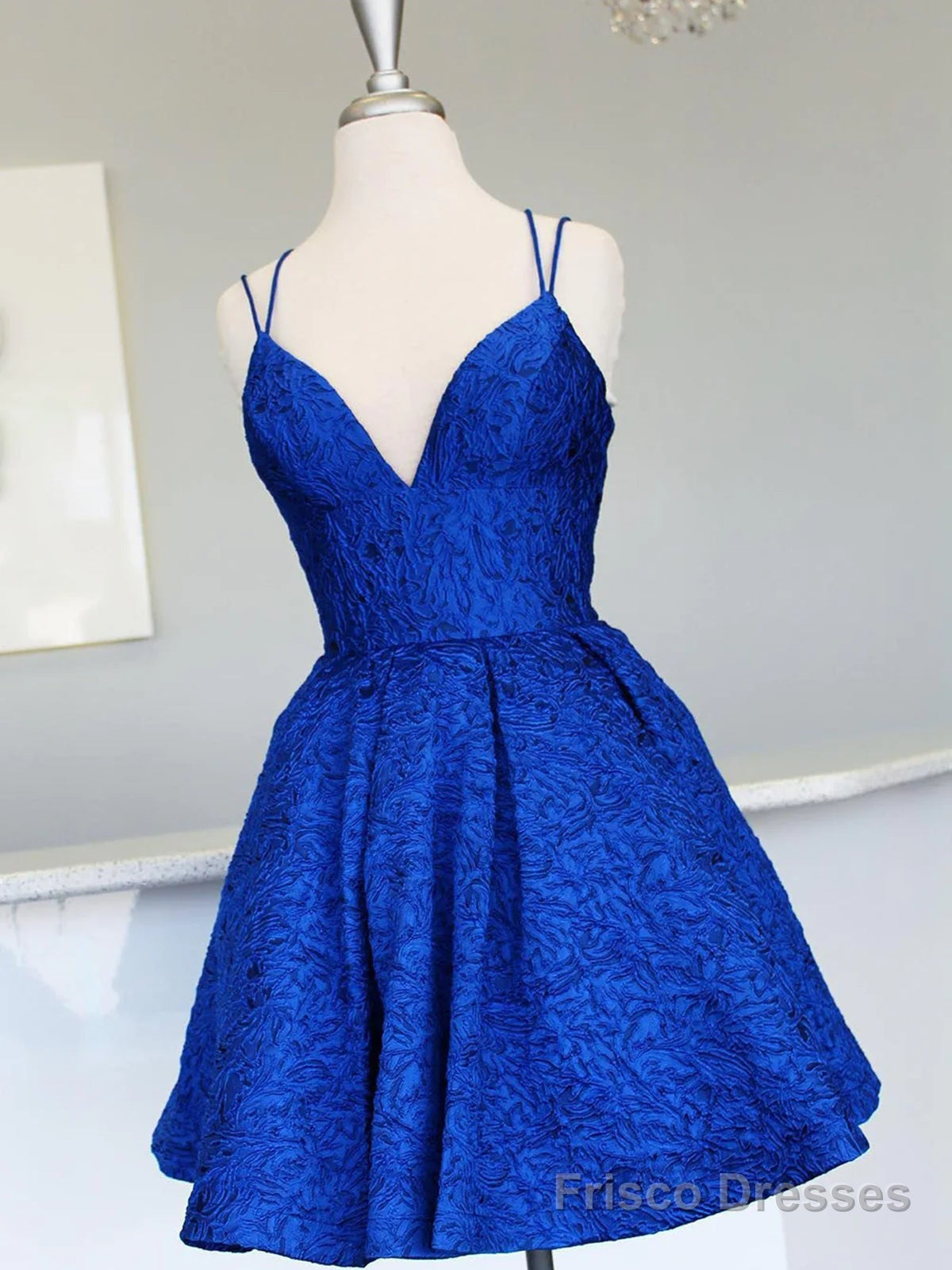 V Neck Short Backless Blue Lace Prom Dresses, Open Back Short Blue Lac