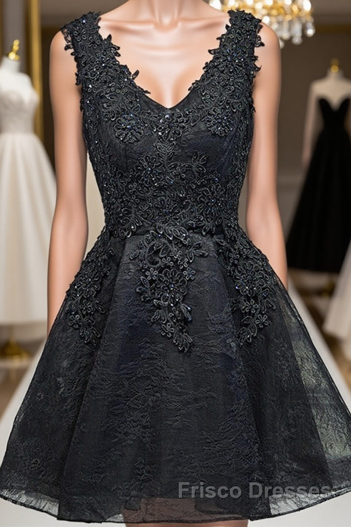 V Neck Short Black Lace Formal Prom Dresses, Black Lace Homecoming Dre Frisco Dresses V Neck Short Black Lace Formal Prom Dresses, Black Lace Homecoming Dre Frisco Dresses