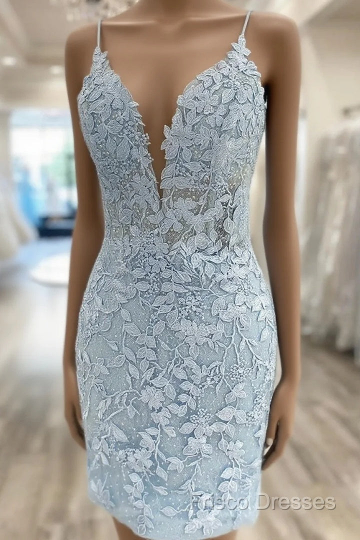 V Neck Short Light Blue Lace Formal Prom Dress, V Neck Blue Lace Short