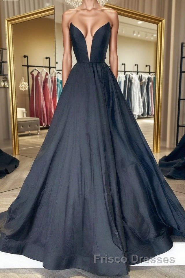 V Neck Strapless Black Satin Long Formal Prom Dresses, Strapless Black Frisco Dresses V Neck Strapless Black Satin Long Formal Prom Dresses, Strapless Black Frisco Dresses