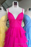 V-Neck Straps Fuchsia Ruffle Chiffon Formal Prom Dress with Slit