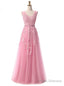 V Neck Tulle A Line Pink Evening Dress Prom Gown