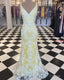 V-Neck White & Yellow Lace Mermaid Prom Dress