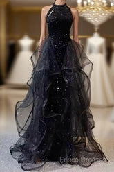 Vintage A Line Halter Black Party Dress Sequin Formal Prom Dress