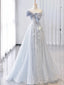 Vintage A Line Strapless Light Sky Blue Tulle Long Prom Dresses Party Evening Dress