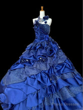 Vintage A-Line Strapless Satin Tulle Long Ball Dress Klein Blue 3D Applique Evening Dress