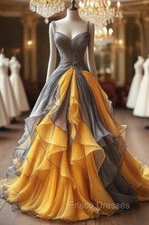 Vintage A-Line Tulle V-Neck Long Ball Gown, Spaghetti Straps Formal Evening Gown