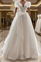 Vintage Ball Gown V Neckline Chiffon White Long Wedding Dress Brides Dress