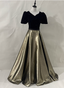 Vintage Black & Gold Panel A-Line V-Neck Short Sleeve Velvet Satin Long Prom Dress Evening Dress
