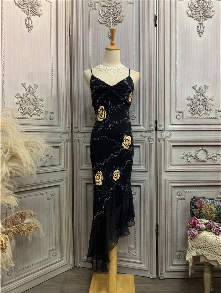 gold and black mermaid prom dresses Vintage Spaghetti Strap Rose Beaded Embroidery Chif – Frisco Black Sizes Size:S 8 Vestido Maxi Con Abertura pant