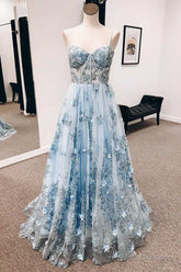 Vintage Blue 3D Floral Lace Sweetheart A-Line Long Prom Dress