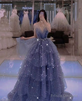 Vintage Blue Tulle Beaded Long Senior Prom Dress A-Line Blue Formal Dress