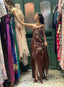 Vintage Brown Irregular Strap Beaded Sequined Prom Dress Evening Dress