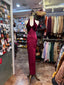 Vintage Burgundy Halter Neck Velvet Satin Long Prom Dress Evening Dress