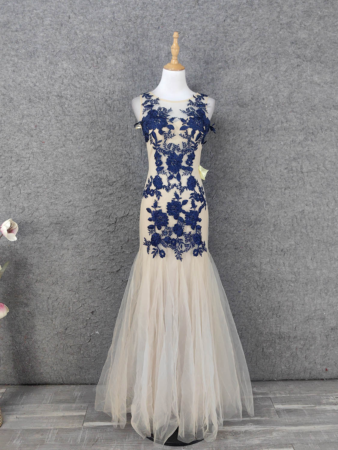 Vintage Cream Navy Mermaid Crew Neck Sleeveless Embroidered Tulle Long – Frisco Dresses