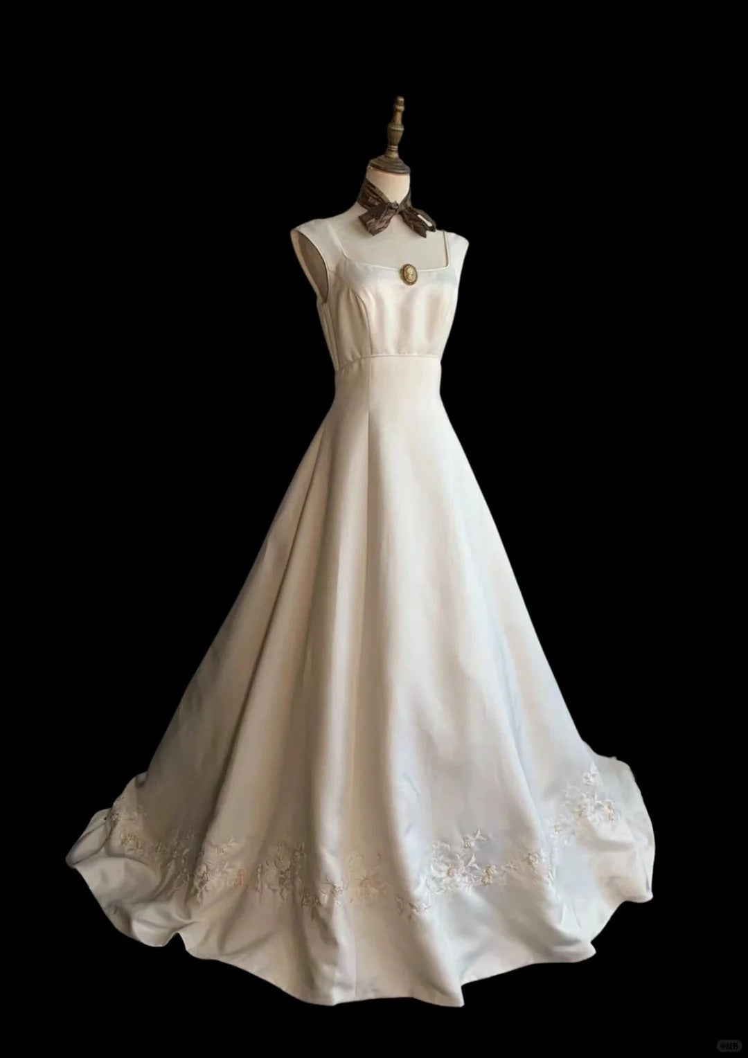 Vintage Elegant Ivory Square Neck Embroidered Satin Train Prom Dress W – Frisco Dresses
