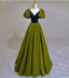 Vintage Green A-Line V-Neck Puff Sleeve Satin Long Prom Dress Evening Dress