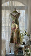 Vintage Green Oil Painting Chiffon Print Irregular Skirt Prom Dress