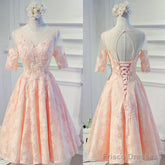 Vintage Half Sleeve Appliques Floral Prints Clairvoyant Outfit Lace Lace Up Back Tea-Length Homecoming Dress