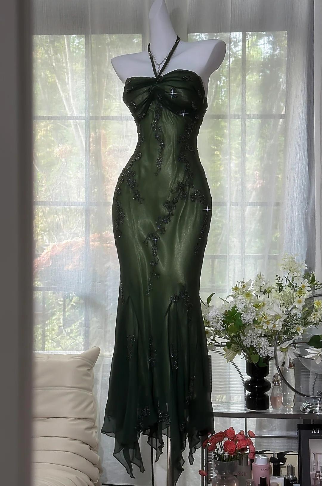 green beaded formal dress Vintage Halter Mermaid Long Prom Dresses Chiffon Beaded Dark Green Lon –  Frisco Dresses