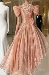 Vintage High Low Short Sleeves Flowers Formal Dress Formal Prom Dress