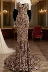 Vintage Mermaid Strapless Party Dress Long Sequin Formal Prom Dress
