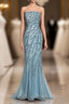 Vintage Mermaid Strapless Tulle Blue Beads Long Formal Prom Gown Fairy Formal Prom Dress