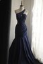 Vintage Navy Blue Mermaid One-Shoulder Satin Long Prom Dress Evening Dress