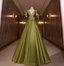 Vintage Olive Green Deep V-Neck Puff Sleeve Satin Long Prom Dress Evening Dress