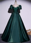 Vintage Royal Emerald Green Crew Neck A-Line Embroidered Satin Long Prom Dress Evening Dress