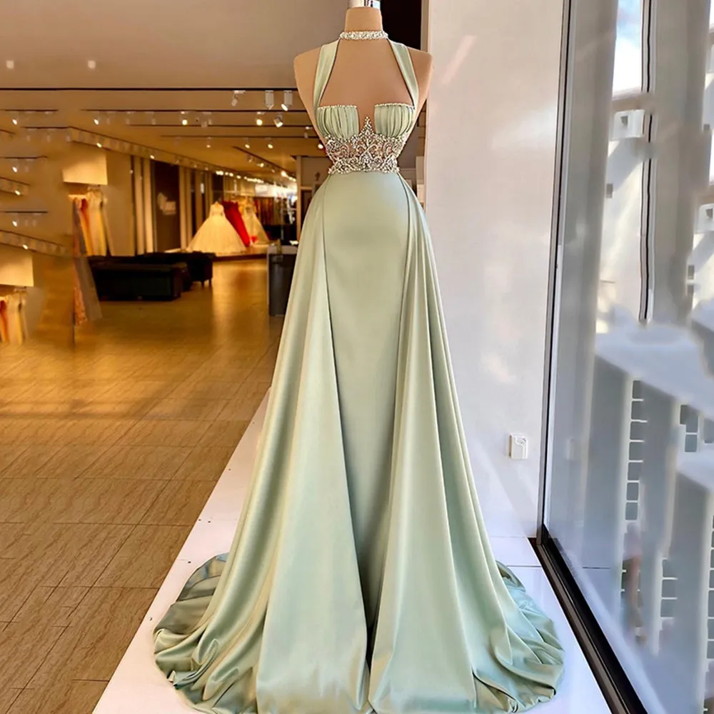 green prom dress vintage Vintage Light Green Prom Dress High Neck A Line Sleeves Floor Length Slit Satin Formal Dress