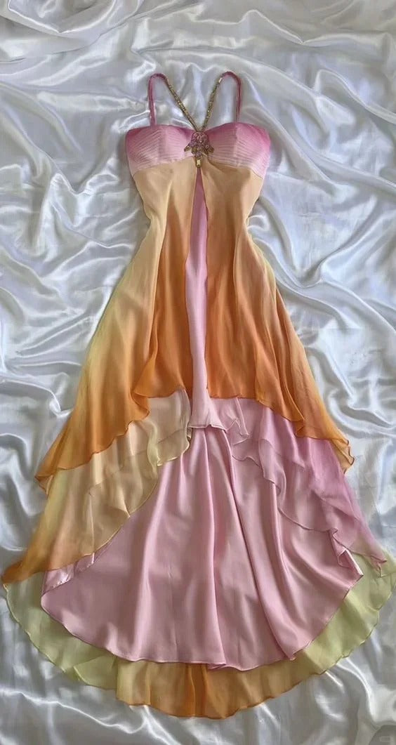 Vintage Spaghetti Straps Chiffon Colorful Party Dress Gothic Short Pro – Frisco Dresses