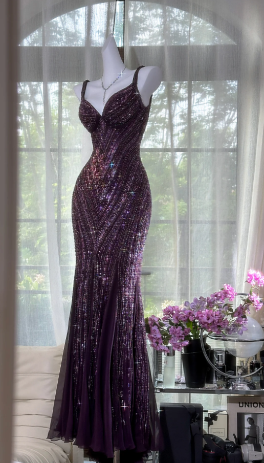 Vintage V Neck Dark Purple Chiffon Sequin Mermaid Long Party Gown Even