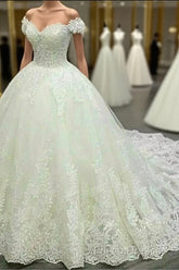 Vintage V-Neck Off The Shoulder Lace Wedding Ball Gown Dress