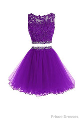 Violet Two Piece Tulle Homecoming Dresses Short Prom Dresses With Beading