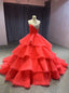 Watermelon Red Tulle Tiers Pleats Crystal Prom Dress