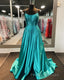 Spaghetti Straps Beaded Teal Blue A-line Long Formal Prom Dress