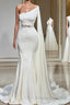 White Asymmetric One Shoulder Mermaid Stretch Satin Evening Formal Prom Dresses