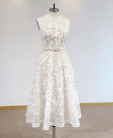 White High Neck Tulle Lace Prom Dress, Lace Formal Party Dress
