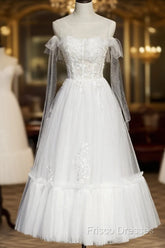 White Lace A-Line Tea Length Formal Prom Dress