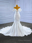 White Mermaid Satin Off the Shoulder Pleats Pearls Wedding Dress