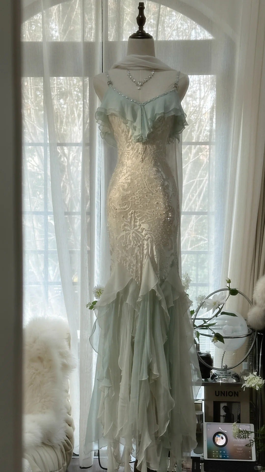 White Mint Green Romantic Fashion Elegant Delicate Beaded Lace Spaghet