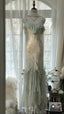 White Mint Green Romantic Fashion Elegant Delicate Beaded Lace Spaghetti Straps Long Tulle Chiffon Ruffle Ball Gown Evening Gown Party Dress